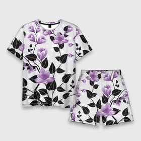Мужской костюм с шортами 3D с принтом Распустившиеся фиолетовые цветы в Новосибирске,  |  | арт | куст | кусты | распустившиеся цветы | рисунок | фиолетовые цветы | фиолетовый цветок | цветок | цветуший куст | цветущие кусты | цветы