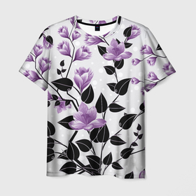 Мужская футболка 3D с принтом Распустившиеся фиолетовые цветы в Петрозаводске, 100% полиэфир | прямой крой, круглый вырез горловины, длина до линии бедер | арт | куст | кусты | распустившиеся цветы | рисунок | фиолетовые цветы | фиолетовый цветок | цветок | цветуший куст | цветущие кусты | цветы