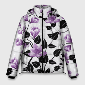 Мужская зимняя куртка 3D с принтом Распустившиеся фиолетовые цветы в Кировске, верх — 100% полиэстер; подкладка — 100% полиэстер; утеплитель — 100% полиэстер | длина ниже бедра, свободный силуэт Оверсайз. Есть воротник-стойка, отстегивающийся капюшон и ветрозащитная планка. 

Боковые карманы с листочкой на кнопках и внутренний карман на молнии. | арт | куст | кусты | распустившиеся цветы | рисунок | фиолетовые цветы | фиолетовый цветок | цветок | цветуший куст | цветущие кусты | цветы
