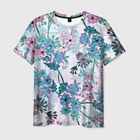 Мужская футболка 3D с принтом Яркие красочные цветы в Белгороде, 100% полиэфир | прямой крой, круглый вырез горловины, длина до линии бедер | арт | ветка дерева | ветки дерева | куст | кусты | рисунок | цветок | цветущее дерево | цветы | яркие цветы