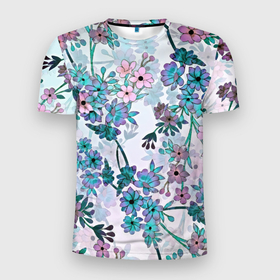 Мужская футболка 3D Slim с принтом Яркие красочные цветы в Курске, 100% полиэстер с улучшенными характеристиками | приталенный силуэт, круглая горловина, широкие плечи, сужается к линии бедра | арт | ветка дерева | ветки дерева | куст | кусты | рисунок | цветок | цветущее дерево | цветы | яркие цветы
