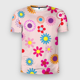 Мужская футболка 3D Slim с принтом Мультяшные цветочки в Санкт-Петербурге, 100% полиэстер с улучшенными характеристиками | приталенный силуэт, круглая горловина, широкие плечи, сужается к линии бедра | арт | мультяшные цветы | мультяшный цветок | рисунок | цветок | цветы