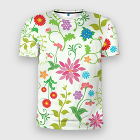 Мужская футболка 3D Slim с принтом Поле полевых цветов в Санкт-Петербурге, 100% полиэстер с улучшенными характеристиками | приталенный силуэт, круглая горловина, широкие плечи, сужается к линии бедра | арт | полевой цветок | полевые цветы | рисунок | цветок | цветы