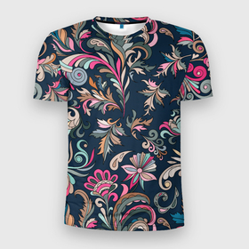 Мужская футболка 3D Slim с принтом Холодная хохлома в Белгороде, 100% полиэстер с улучшенными характеристиками | приталенный силуэт, круглая горловина, широкие плечи, сужается к линии бедра | арт | куст | кусты | рисунок | рисунок в стиле хохломы | хохлома | цветок | цветы