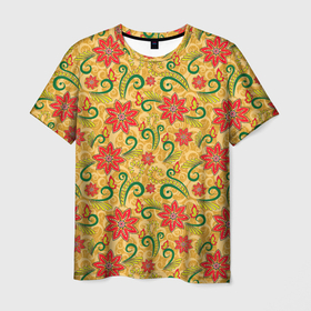 Мужская футболка 3D с принтом Оранжевая хохлома в Белгороде, 100% полиэфир | прямой крой, круглый вырез горловины, длина до линии бедер | арт | вектор | желтый | зеленый | золотой | красный | народный рисунок | рисунок | хохлома | цветок | цветы | чёрный | ягода | ягоды