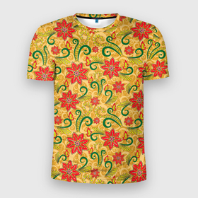Мужская футболка 3D Slim с принтом Оранжевая хохлома в Новосибирске, 100% полиэстер с улучшенными характеристиками | приталенный силуэт, круглая горловина, широкие плечи, сужается к линии бедра | арт | вектор | желтый | зеленый | золотой | красный | народный рисунок | рисунок | хохлома | цветок | цветы | чёрный | ягода | ягоды