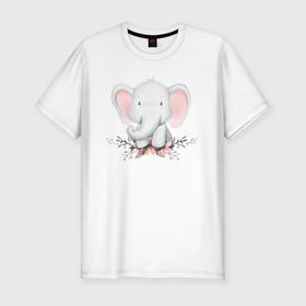 Мужская футболка хлопок Slim с принтом Милый Слонёнок С Цветами , 92% хлопок, 8% лайкра | приталенный силуэт, круглый вырез ворота, длина до линии бедра, короткий рукав | animals | beast | cute | животные | звери | милый | слон | слонёнок