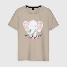 Мужская футболка хлопок с принтом Милый Слонёнок С Цветами в Екатеринбурге, 100% хлопок | прямой крой, круглый вырез горловины, длина до линии бедер, слегка спущенное плечо. | animals | beast | cute | животные | звери | милый | слон | слонёнок