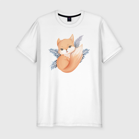 Мужская футболка хлопок Slim с принтом Милый Лисёнок На Ветках в Тюмени, 92% хлопок, 8% лайкра | приталенный силуэт, круглый вырез ворота, длина до линии бедра, короткий рукав | animals | beast | cute | fox | животные | звери | лиса | лисёнок | милый