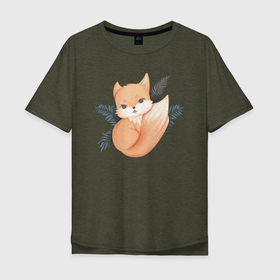 Мужская футболка хлопок Oversize с принтом Милый Лисёнок На Ветках в Кировске, 100% хлопок | свободный крой, круглый ворот, “спинка” длиннее передней части | animals | beast | cute | fox | животные | звери | лиса | лисёнок | милый