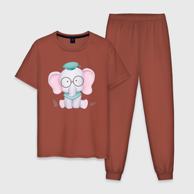 Мужская пижама хлопок с принтом Милый Слонёнок Готов К Школе , 100% хлопок | брюки и футболка прямого кроя, без карманов, на брюках мягкая резинка на поясе и по низу штанин
 | animals | beast | cute | животные | звери | милый | слон | слонёнок