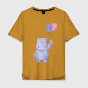 Мужская футболка хлопок Oversize с принтом Милый Бегемотик С Воздушными Шариками в Новосибирске, 100% хлопок | свободный крой, круглый ворот, “спинка” длиннее передней части | animals | beast | cute | hippopotamus | бегемот | бегемотик | животные | звери | милый