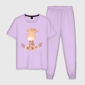Мужская пижама хлопок с принтом Милый Жирафик С Цветами в Санкт-Петербурге, 100% хлопок | брюки и футболка прямого кроя, без карманов, на брюках мягкая резинка на поясе и по низу штанин
 | animals | beast | cute | giraffe | животные | жираф | жирафик | звери | милый