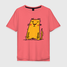 Мужская футболка хлопок Oversize с принтом Спокойный кот. Йога в Кировске, 100% хлопок | свободный крой, круглый ворот, “спинка” длиннее передней части | йога | кот | котенок | котик | спокойствие
