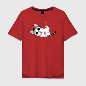 Мужская футболка хлопок Oversize с принтом Котейка играет в Белгороде, 100% хлопок | свободный крой, круглый ворот, “спинка” длиннее передней части | Тематика изображения на принте: играет | кот | котейка | котенок | котик | кошечка | кошка