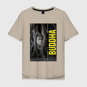Мужская футболка хлопок Oversize с принтом Голова Будды в дереве в Екатеринбурге, 100% хлопок | свободный крой, круглый ворот, “спинка” длиннее передней части | Тематика изображения на принте: аюттая | будда | буддизм | голова | дерево | джунгли | заросли | история | йога | корни | медитиация | мудрость | памятник | путешествия | саморазвитие | скульптура | статуя | таиланд | туризм