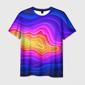 Мужская футболка 3D с принтом Растекание красок в Новосибирске, 100% полиэфир | прямой крой, круглый вырез горловины, длина до линии бедер | абстракции | краски | кратер вулкана | объёмная абстракция | радуга | яркие цвета
