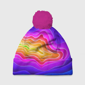 Шапка 3D c помпоном с принтом Растекание красок в Курске, 100% полиэстер | универсальный размер, печать по всей поверхности изделия | абстракции | краски | кратер вулкана | объёмная абстракция | радуга | яркие цвета