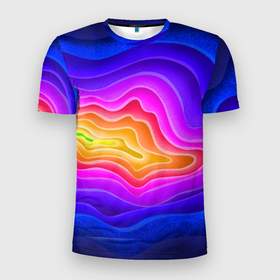 Мужская футболка 3D Slim с принтом Растекание красок , 100% полиэстер с улучшенными характеристиками | приталенный силуэт, круглая горловина, широкие плечи, сужается к линии бедра | абстракции | краски | кратер вулкана | объёмная абстракция | радуга | яркие цвета