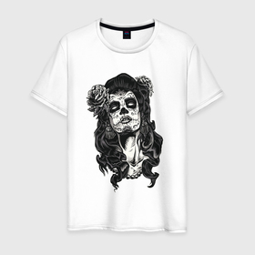 Мужская футболка хлопок с принтом Santa Muerte Black Art в Курске, 100% хлопок | прямой крой, круглый вырез горловины, длина до линии бедер, слегка спущенное плечо. | art | black | muerte | santa | муерте | муэртэ | санта