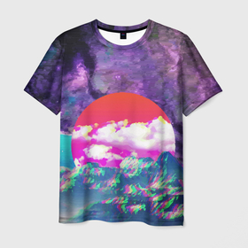 Мужская футболка 3D с принтом Закат красного солнца   Импрессионизм   Горы   Neon в Курске, 100% полиэфир | прямой крой, круглый вырез горловины, длина до линии бедер | clouds | color | impressionism | mountains | sky | sun | sunset | горы | закат | импрессионизм | небо | облака | солнце | цвет