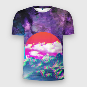Мужская футболка 3D Slim с принтом Закат красного солнца   Импрессионизм   Горы   Neon , 100% полиэстер с улучшенными характеристиками | приталенный силуэт, круглая горловина, широкие плечи, сужается к линии бедра | clouds | color | impressionism | mountains | sky | sun | sunset | горы | закат | импрессионизм | небо | облака | солнце | цвет