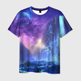 Мужская футболка 3D с принтом Фантастический пейзаж   Водопад   Неон , 100% полиэфир | прямой крой, круглый вырез горловины, длина до линии бедер | landscape | mountains | neon | volcano | waterfall | водопад | вулкан | горы | неон | пейзаж