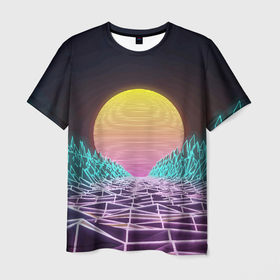 Мужская футболка 3D с принтом Vaporwave   Закат солнца в горах   Neon в Екатеринбурге, 100% полиэфир | прямой крой, круглый вырез горловины, длина до линии бедер | mountains | neon | sun | sunset | vaporwave | горы | закат | неон | солнце