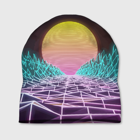 Шапка 3D с принтом Vaporwave   Закат солнца в горах   Neon , 100% полиэстер | универсальный размер, печать по всей поверхности изделия | mountains | neon | sun | sunset | vaporwave | горы | закат | неон | солнце