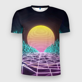 Мужская футболка 3D Slim с принтом Vaporwave   Закат солнца в горах   Neon , 100% полиэстер с улучшенными характеристиками | приталенный силуэт, круглая горловина, широкие плечи, сужается к линии бедра | mountains | neon | sun | sunset | vaporwave | горы | закат | неон | солнце