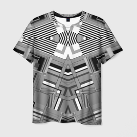 Мужская футболка 3D с принтом Черно белый современный геометрический узор. Симметрия в Новосибирске, 100% полиэфир | прямой крой, круглый вырез горловины, длина до линии бедер | Тематика изображения на принте: абстрактный | геометрический | креативный | модный | молодежный | современный | стильный | черно белый