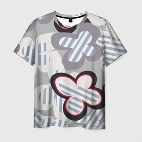 Мужская футболка 3D с принтом серая полоска Тома Брауна в Екатеринбурге, 100% полиэфир | прямой крой, круглый вырез горловины, длина до линии бедер | красный | полосатый дизайн | полоска | серая полоска | серый | синий | стилизованные цветы