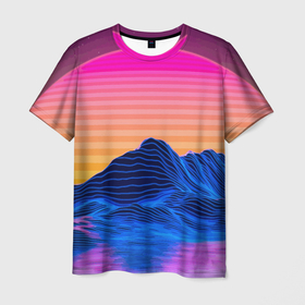 Мужская футболка 3D с принтом Vaporwave   Mountains   Психоделика   Неон в Курске, 100% полиэфир | прямой крой, круглый вырез горловины, длина до линии бедер | mountains | nature | neon | psychedelic | sun | горы | неон | природа | психоделика | солнце