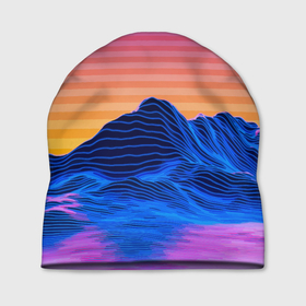 Шапка 3D с принтом Vaporwave   Mountains   Психоделика   Неон , 100% полиэстер | универсальный размер, печать по всей поверхности изделия | mountains | nature | neon | psychedelic | sun | горы | неон | природа | психоделика | солнце