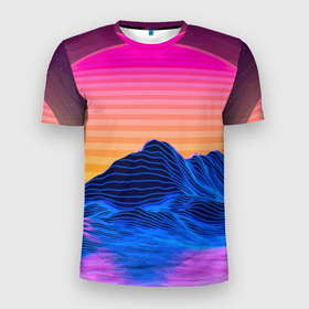 Мужская футболка 3D Slim с принтом Vaporwave   Mountains   Психоделика   Неон в Тюмени, 100% полиэстер с улучшенными характеристиками | приталенный силуэт, круглая горловина, широкие плечи, сужается к линии бедра | mountains | nature | neon | psychedelic | sun | горы | неон | природа | психоделика | солнце