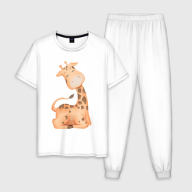 Мужская пижама хлопок с принтом Милый Жирафик Счастлив в Санкт-Петербурге, 100% хлопок | брюки и футболка прямого кроя, без карманов, на брюках мягкая резинка на поясе и по низу штанин
 | animals | beast | cute | giraffe | животные | жираф | жирафик | звери | милый