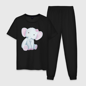 Мужская пижама хлопок с принтом Милый Слонёнок Сидит С Цветком в Новосибирске, 100% хлопок | брюки и футболка прямого кроя, без карманов, на брюках мягкая резинка на поясе и по низу штанин
 | animals | beast | cute | животные | звери | милый | слон | слонёнок