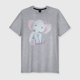 Мужская футболка хлопок Slim с принтом Милый Слонёнок Сидит С Цветком , 92% хлопок, 8% лайкра | приталенный силуэт, круглый вырез ворота, длина до линии бедра, короткий рукав | animals | beast | cute | животные | звери | милый | слон | слонёнок