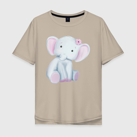 Мужская футболка хлопок Oversize с принтом Милый Слонёнок Сидит С Цветком в Екатеринбурге, 100% хлопок | свободный крой, круглый ворот, “спинка” длиннее передней части | animals | beast | cute | животные | звери | милый | слон | слонёнок