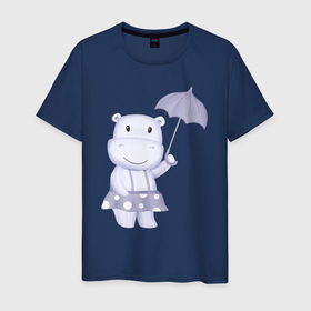 Мужская футболка хлопок с принтом Милый Бегемотик С Зонтиком в Новосибирске, 100% хлопок | прямой крой, круглый вырез горловины, длина до линии бедер, слегка спущенное плечо. | animals | beast | cute | hippopotamus | бегемот | бегемотик | животные | звери | милый