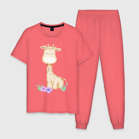 Мужская пижама хлопок с принтом Милый Жирафик С Цветками в Санкт-Петербурге, 100% хлопок | брюки и футболка прямого кроя, без карманов, на брюках мягкая резинка на поясе и по низу штанин
 | animals | beast | cute | giraffe | животные | жираф | жирафик | звери | милый