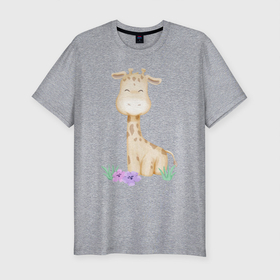 Мужская футболка хлопок Slim с принтом Милый Жирафик С Цветками в Курске, 92% хлопок, 8% лайкра | приталенный силуэт, круглый вырез ворота, длина до линии бедра, короткий рукав | animals | beast | cute | giraffe | животные | жираф | жирафик | звери | милый
