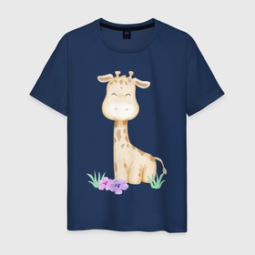 Мужская футболка хлопок с принтом Милый Жирафик С Цветками в Курске, 100% хлопок | прямой крой, круглый вырез горловины, длина до линии бедер, слегка спущенное плечо. | Тематика изображения на принте: animals | beast | cute | giraffe | животные | жираф | жирафик | звери | милый