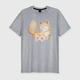 Мужская футболка хлопок Slim с принтом Милый Лисёнок С Цветами в Тюмени, 92% хлопок, 8% лайкра | приталенный силуэт, круглый вырез ворота, длина до линии бедра, короткий рукав | animals | beast | cute | fox | животные | звери | лиса | лисёнок | милый
