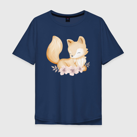 Мужская футболка хлопок Oversize с принтом Милый Лисёнок С Цветами , 100% хлопок | свободный крой, круглый ворот, “спинка” длиннее передней части | animals | beast | cute | fox | животные | звери | лиса | лисёнок | милый