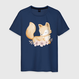 Мужская футболка хлопок с принтом Милый Лисёнок С Цветами в Белгороде, 100% хлопок | прямой крой, круглый вырез горловины, длина до линии бедер, слегка спущенное плечо. | animals | beast | cute | fox | животные | звери | лиса | лисёнок | милый
