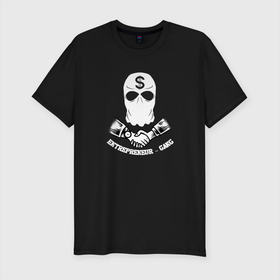 Мужская футболка хлопок Slim с принтом Gangster | Гангстер в Тюмени, 92% хлопок, 8% лайкра | приталенный силуэт, круглый вырез ворота, длина до линии бедра, короткий рукав | gangsra | gangster | бандит | гангстер | оружие
