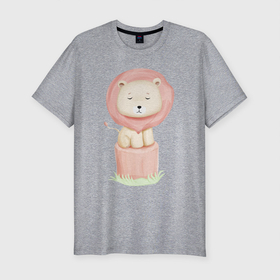 Мужская футболка хлопок Slim с принтом Милый Львёнок На Пеньке в Новосибирске, 92% хлопок, 8% лайкра | приталенный силуэт, круглый вырез ворота, длина до линии бедра, короткий рукав | animals | beast | cute | lion | животные | звери | лев | львёнок