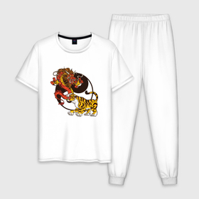 Мужская пижама хлопок с принтом Тигр и Дракон | Инь и Ян в Тюмени, 100% хлопок | брюки и футболка прямого кроя, без карманов, на брюках мягкая резинка на поясе и по низу штанин
 | china | chineese | dragon | tiger | ying yang | белое и черное | восток | восточная культура | дао | даосизм | добро и зло | знак зодика | китайский дракон | китайский календарь | китайский тигр | космогенез