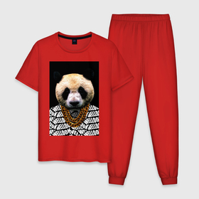 Мужская пижама хлопок с принтом Panda Look 2 в Кировске, 100% хлопок | брюки и футболка прямого кроя, без карманов, на брюках мягкая резинка на поясе и по низу штанин
 | animals | panda | гигантская панда | голова животного | панда с чепочкой